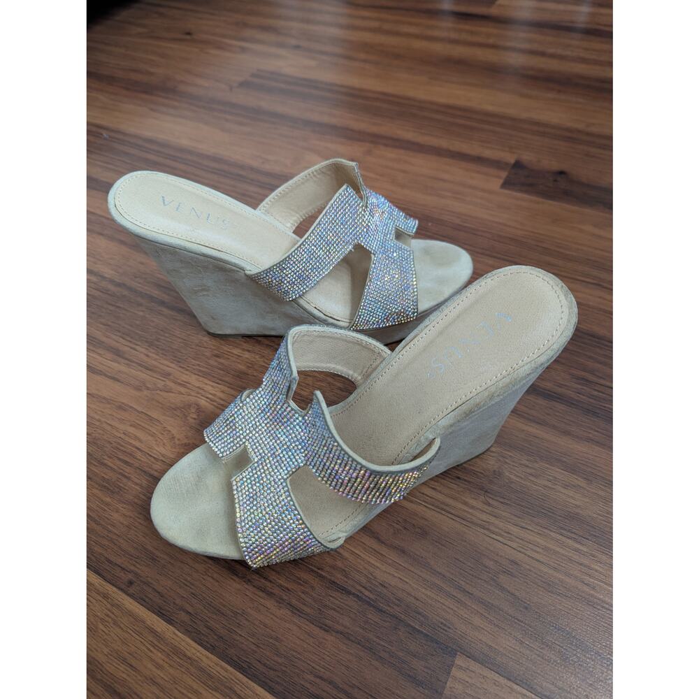 Venus Y2K Rhinestone Wedge Sandals Size 9 Nude Coastal Cowgirl 2000s Glam